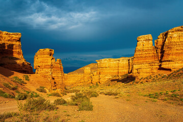A stunning view of Charyn Canyon at sunset. Charyn National Park is located in the Almaty region of southeastern Kazakhstan