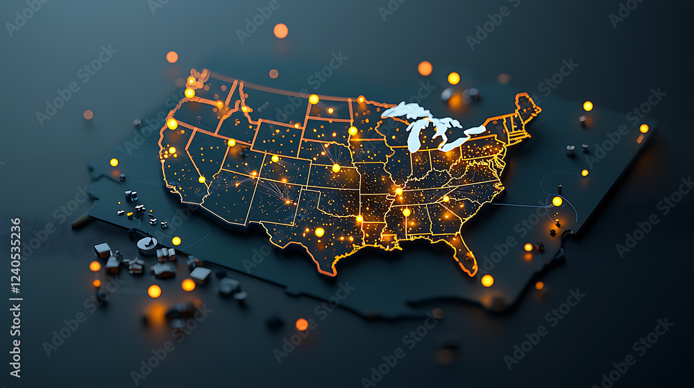 Poster glowing points on us map data visualization united states infographic dark background technology con