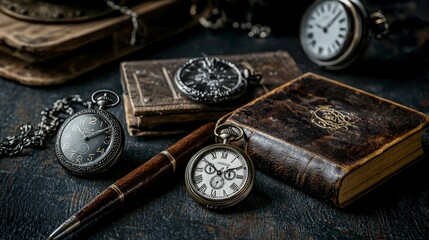 Vintage still life antique pocket watches and leatherbound books in artistic flat lay photography