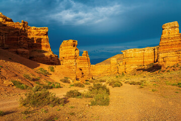 A stunning view of Charyn Canyon at sunset. Charyn National Park is located in the Almaty region of southeastern Kazakhstan