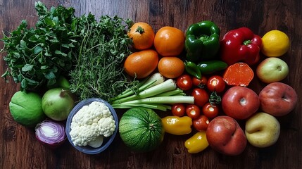 Vibrant flat lay of fresh vegetables fruits and herbs on wooden table culinary inspiration aesthetic arrangement
