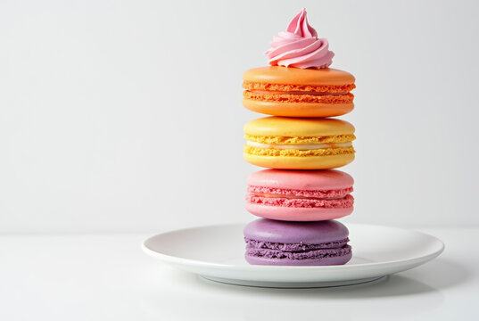 Four tiers of colorful macarons
