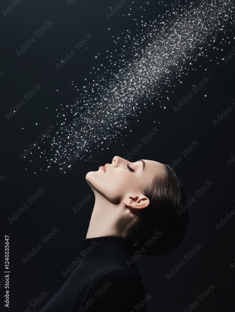 Aufkleber futuristic digital visuals ethereal particle effects with elegant female silhouette on black - innov