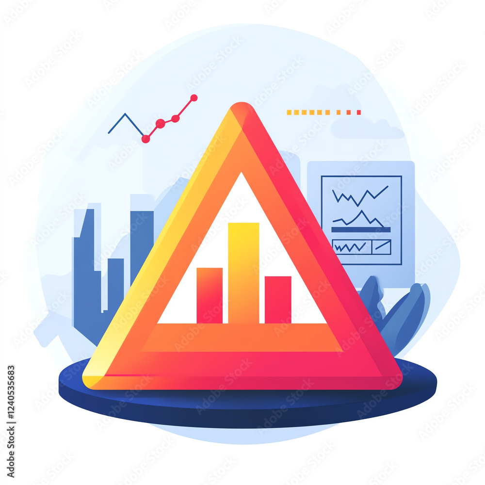 Poster warning triangle icon with business graphs in modern design, symbolizing caution in financial analys