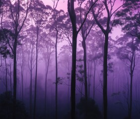 Fototapeta premium Mysterious purple-hued forest shrouded in mist, tall trees silhouetted against ethereal twilight, creating a serene and enchanting atmosphere, copy space for text