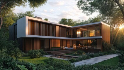 Obraz premium Modern Wooden House in a Lush Green Forest at Sunset