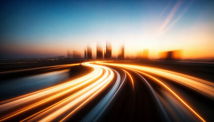 Obraz premium The image captures a futuristic cityscape at sunset with dynamic light trails curving toward the skyline.