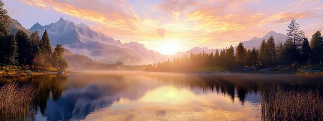 Serene Sunset Over a Tranquil Lake Surrounded by Majestic Mountains and Lush Green Forests under a Colorful Sky