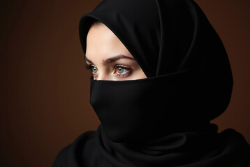 Naklejka premium Elegant woman in a black hijab with striking green eyes.