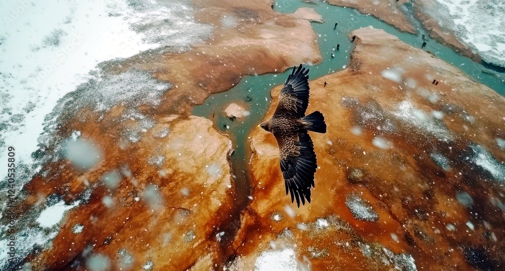 Poster majestic eagle soaring above snowy landscape with river flowing through brown terrain and sparse tre