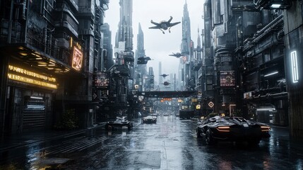 Futuristic cityscape with sleek towers and flying cars urban environment digital art rainy day perspective