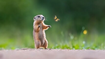 Prairie dog watching butterfly, grassland, nature, wildlife