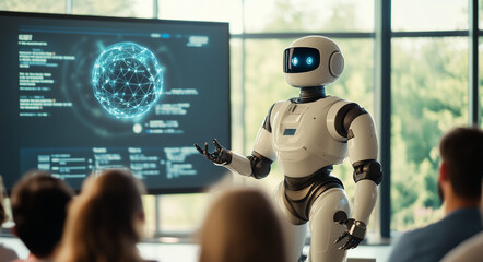 Fototapeta premium Robot che insegna a una classe di bambini. Automa. Intelligenza artificiale.