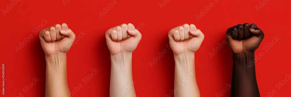 Poster vibrant equality statement diverse hands in unity on bold red texture - social campaign imagery for 