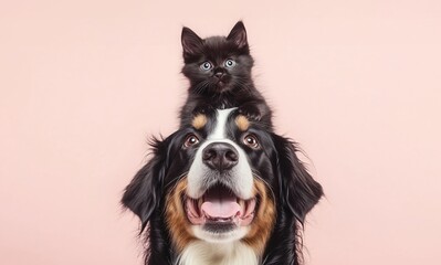 ハッピーな犬とキュートな子猫の仲良しコンビ