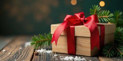 Red ribbon tied around a large wooden gift box with pine branches, christmas, ribbon, gift box