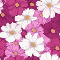 Fototapeta premium Vibrant Cosmos Flowers: A Seamless Pattern of Pink and White Blooms