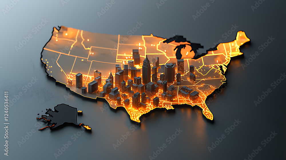 Poster illuminated us map with urban clusters visual representation of data digital art nighttime landscape