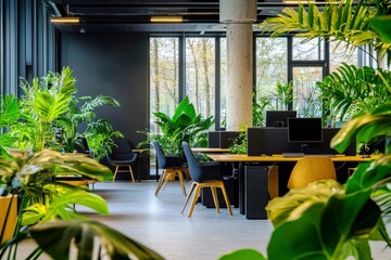 Modern Office Interior with Green Plants, Desks, and Large Windows in Bright Natural Light, Showcasing a Stylish and Productive Workspace Environment