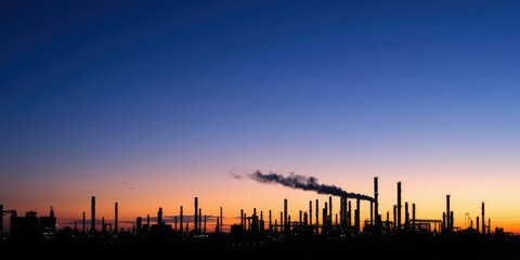 Naklejka premium Refinery plant area at twilight, illuminated by lights with smoke billowing from industrial structures, dusk, shadows