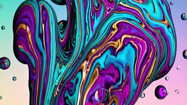 Layers of vibrant marbled forms melting together across a pastel sky, each water droplet magnifying the swirling patterns.