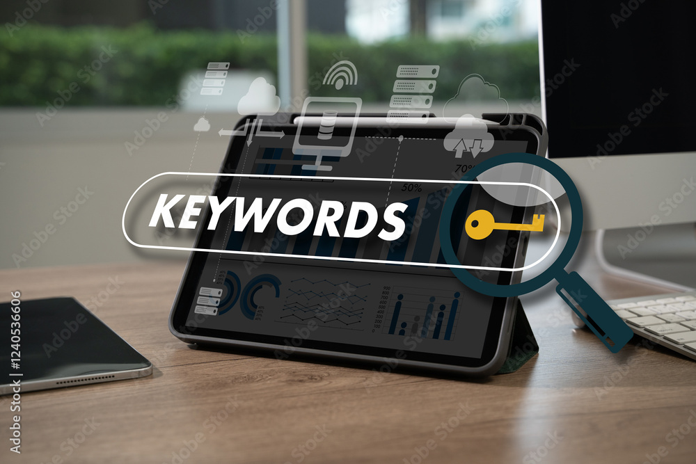 Poster keywords on laptop browse in office optimize seo engine man is using a tablet to type the word 