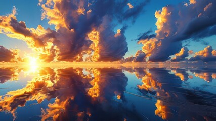 Vibrant sunset reflecting on a serene water surface with dramatic clouds