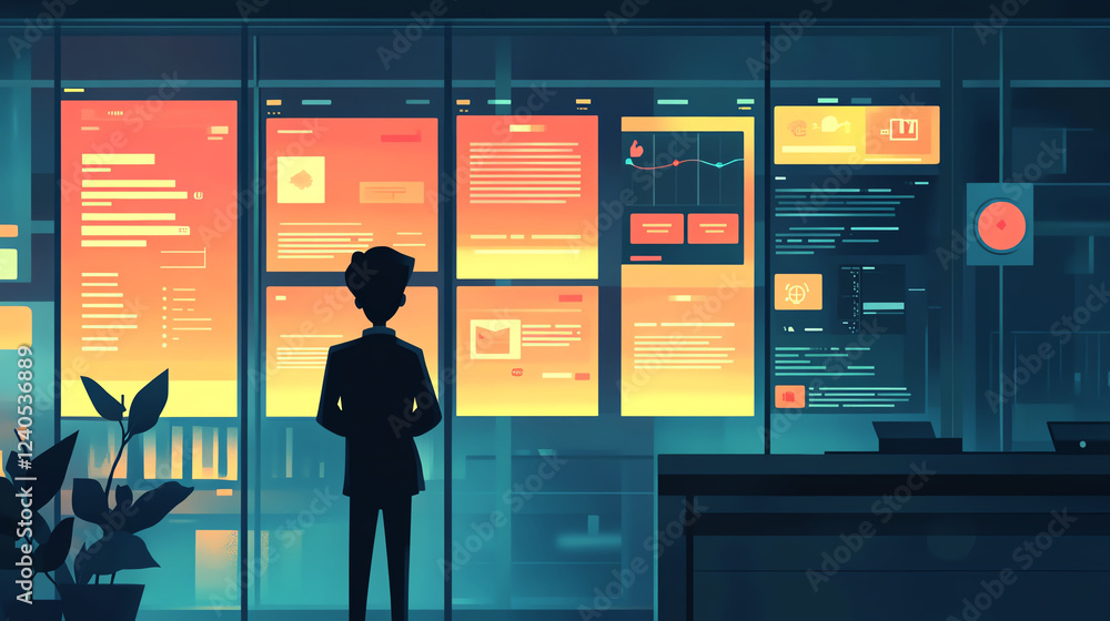 Poster professional observing corporate notification system displaying alerts in modern office setting. atm
