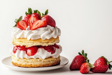 Delicious strawberry shortcake with whipped cream and fresh berries indoor cake display bright environment culinary photography dessert concept showcase