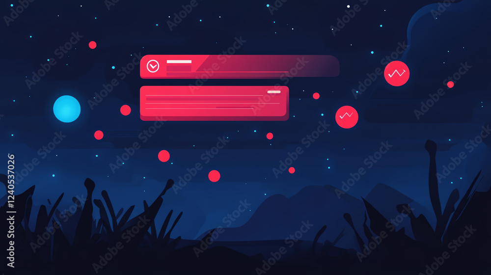 Poster digital notification system displaying alerts in night sky setting, featuring vibrant red and blue c