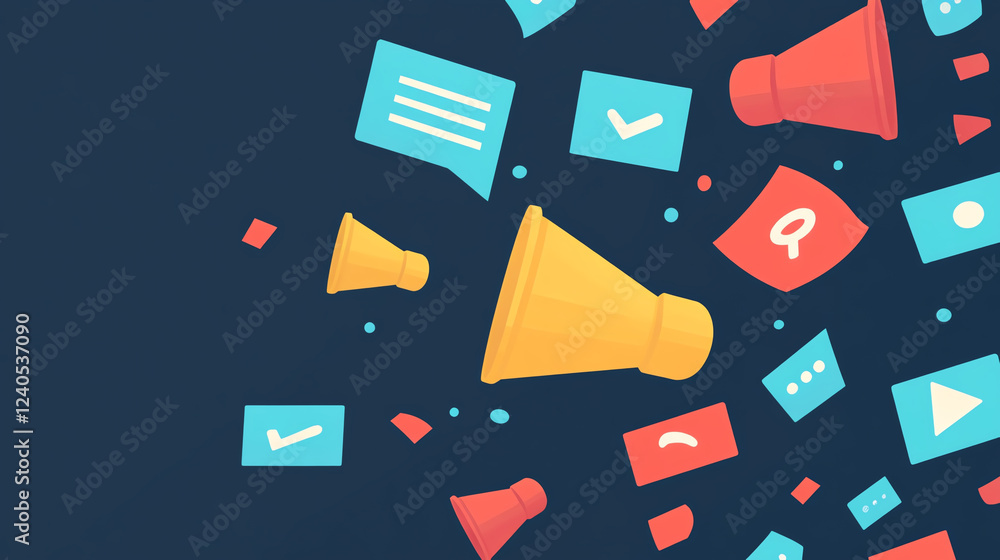 Poster dynamic notification system with colorful alerts and icons, showcasing communication and engagement 