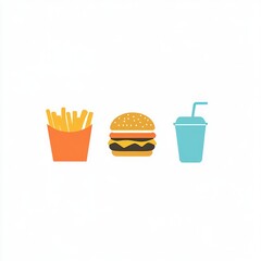 Fast food icons burger, fries, soda; white background; menu design