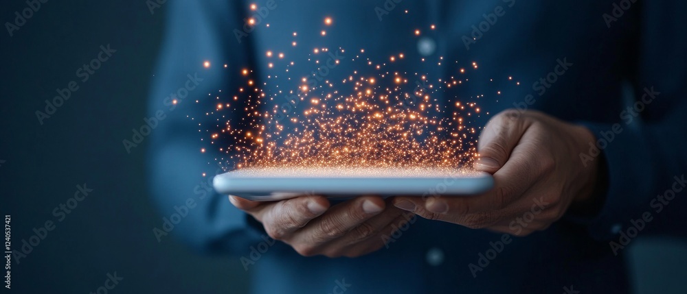 Poster Minimalist Digital Tech Display Person Engaged with Tablet and Glowing Icons - Modern Business Innovation and Intuitive Software Experience Design