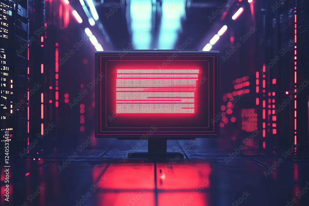 Poster digital warning sign on glowing screen in dark server room, highlighting data security concerns and 