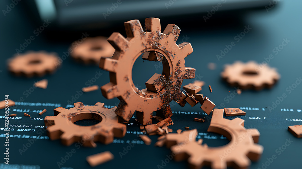 Poster rusted gear wheels breaking through visual entropy in a digital workspace abstract art industrial en