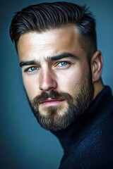 Obraz premium Handsome Young Man with Stylish Hair and Well-Groomed Beard Posing Against a Soft Blue Background in a High-Quality Portrait Photography Session