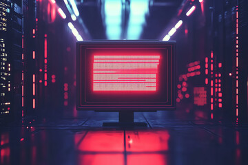 Digital warning sign on glowing screen in dark server room, highlighting data security concerns and technology. vibrant red color evokes urgency and alertness