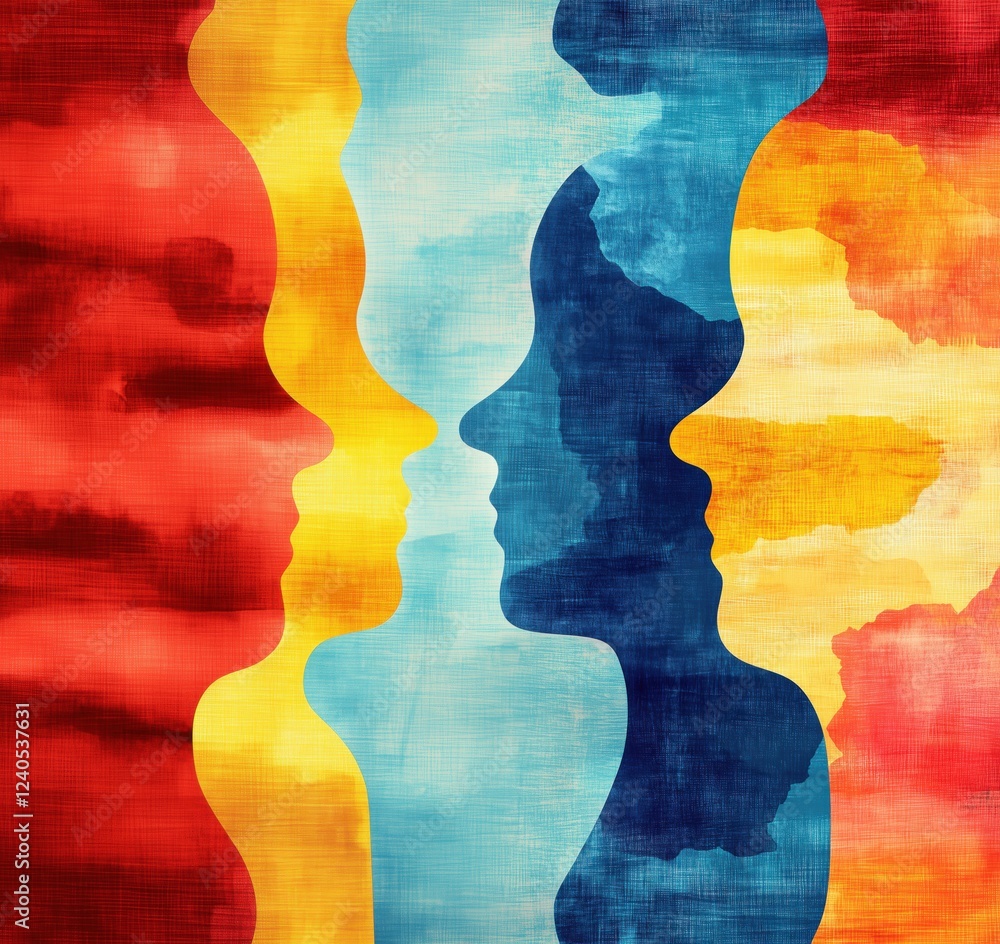 Fototapete silhouettes of human profiles in vibrant colors representing diversity and unity, copy space for tex