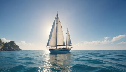 Fototapeta premium Sailboat navigating through the clear blue sea under clear blue sky with a slight breeze, clear blue sky, sailing boat