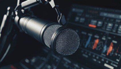 Studio microphone recording podcast; audio mixer interface background; broadcasting