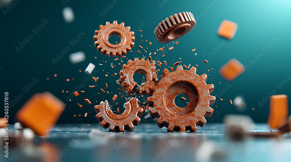 Poster dynamic explosion of rusted gear wheels breaking through in an industrial setting close-up view conc