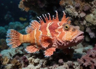 Scorpionfish with long tail resting on coral reef in Bali, sea life, beach scenery