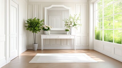 Serene White Hallway: Tranquil elegance with blooming flowers and natural light.