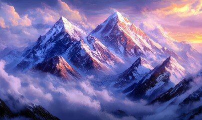Obraz premium Majestic Snow-Capped Mountains Under Dramatic Skies with Vibrant Colors and Soft Light at Sunrise in a Serene Landscape Environment