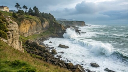 Obraz premium Seaside cliffside with crashing waves and rocky shore, weathered, beach