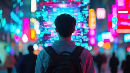 Fototapeta premium Young man in casual wear city lights digital art night back view