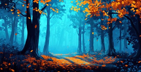 Serene Misty Forest Pathway with Vibrant Autumn Leaves and Soft Blue Light Filtering Through Tall Trees