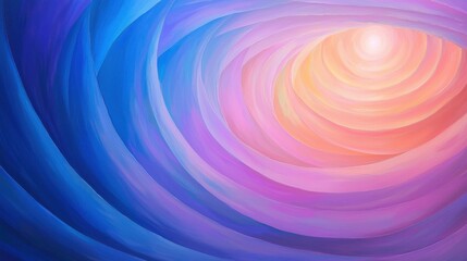 Abstract painting of a swirling vortex transitioning from deep blue to soft pink and orange, creating a warm, radiant center. The concentric circles evoke a sense of depth and energy.