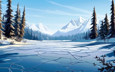Serene Winter Landscape with Frosty Lake and Snow-Capped Mountains in a Calm Blue Sky