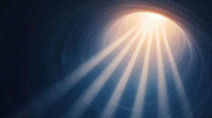 Obraz premium Warm light rays stream through a dark, circular tunnel, illuminating dust motes in the air. The concrete texture of the tunnel is visible. A sense of hope and mystery is evoked.